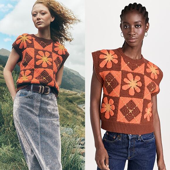 NWT Lingua Franca Argyle Flower Crochet Sleeveless Vest Sweater Top Orange - Picture 8 of 9